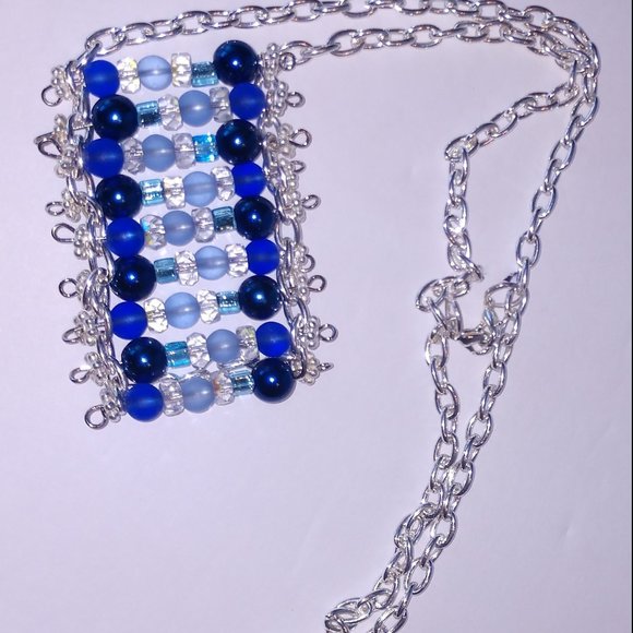 Handmade Blue Beaded Statement Necklace With Silver Tone Chains - Picture 16 of 16